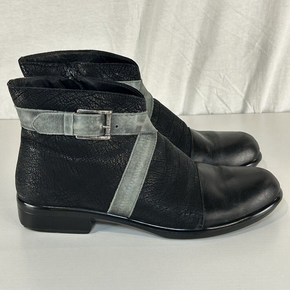 Naot Boreas Black Leather Ankle Boot Women’s 9.5 US 40 EU Side Zip Gray Buckle